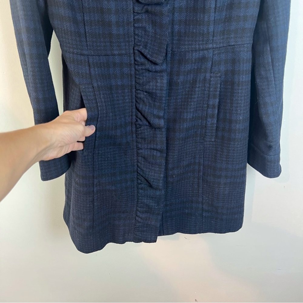 Old Navy Plaid Wool Blend Pea Coat Ruffle Medium Academia Pockets Navy Black - Picture 4 of 10